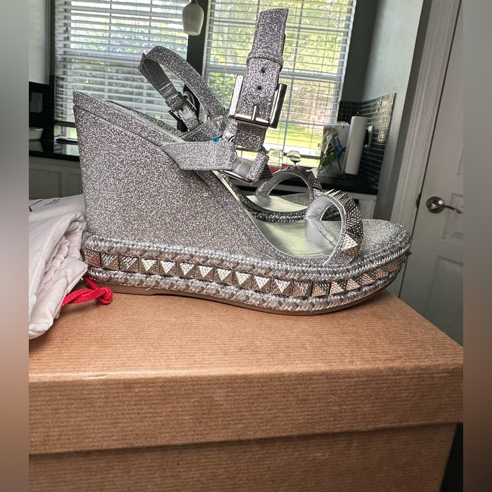 Christian Louboutin Pyraclou Glitter Wedge Sandals 110